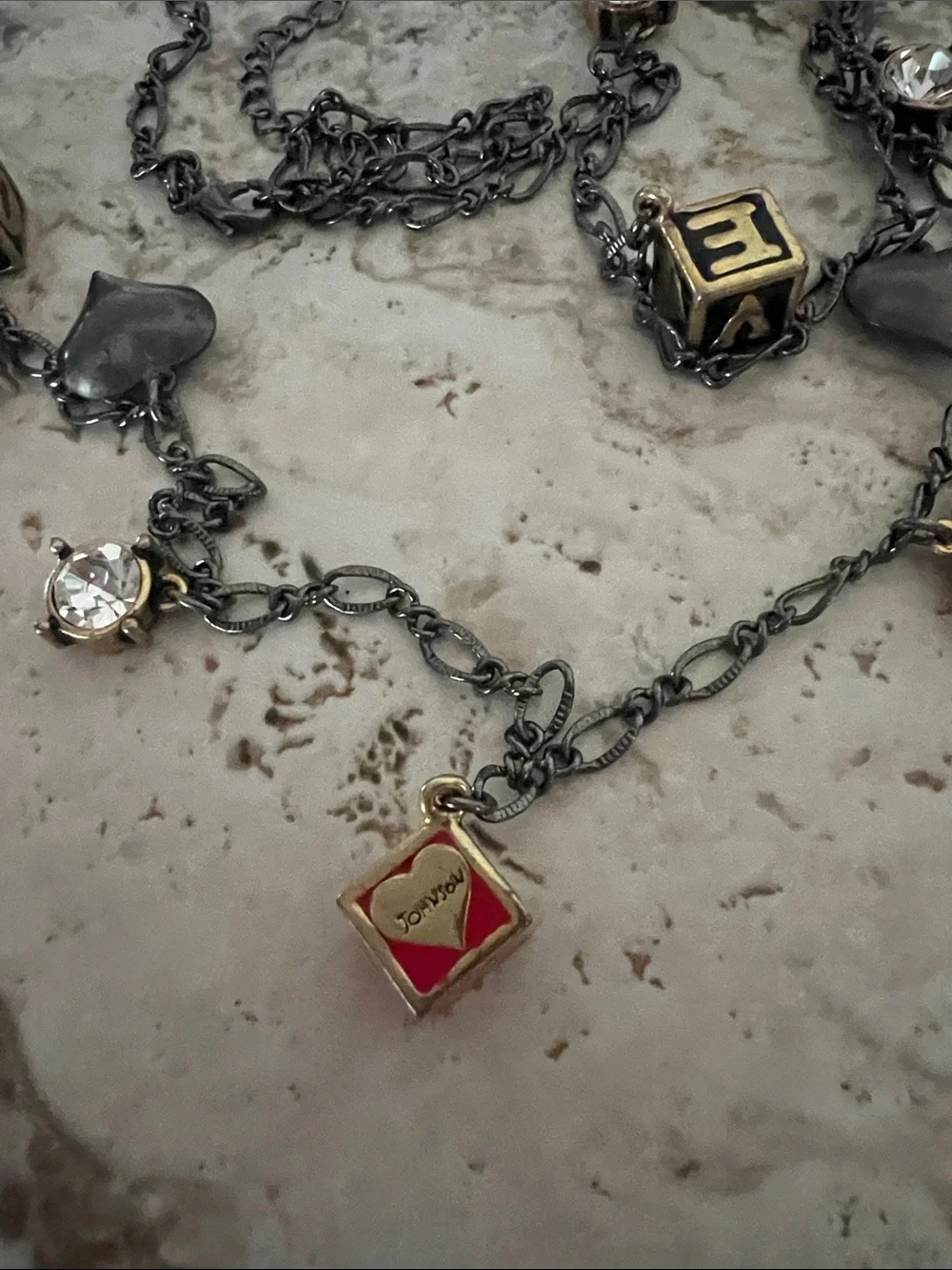 Betsey Johnson Gunmetal Chain Necklace with Gold and Red Block Charms